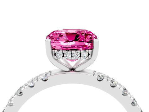 White gold Cushion Cut Pink Sapphire Pave Band Solitaire Ring with Four-Prong Setting_16