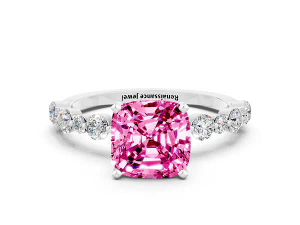 Platinum Cushion Cut Pink Sapphire Prong Set Engagement Ring with Pavé Band