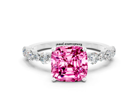 White gold Cushion Cut Pink Sapphire Prong Set Engagement Ring with Pavé Band_12