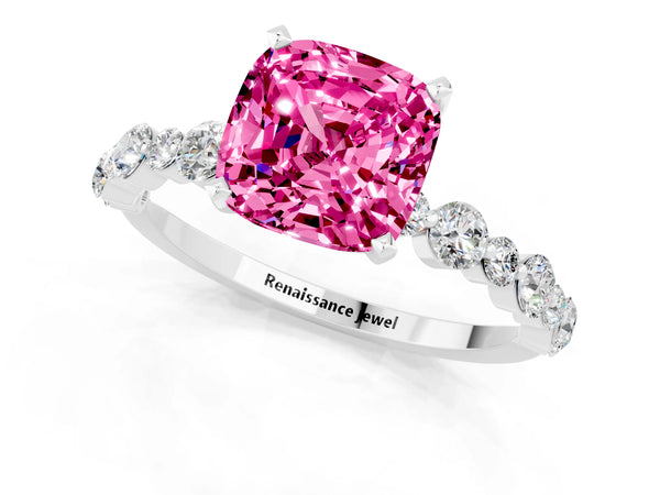 Platinum Cushion Cut Pink Sapphire Prong Set Engagement Ring with Pavé Band