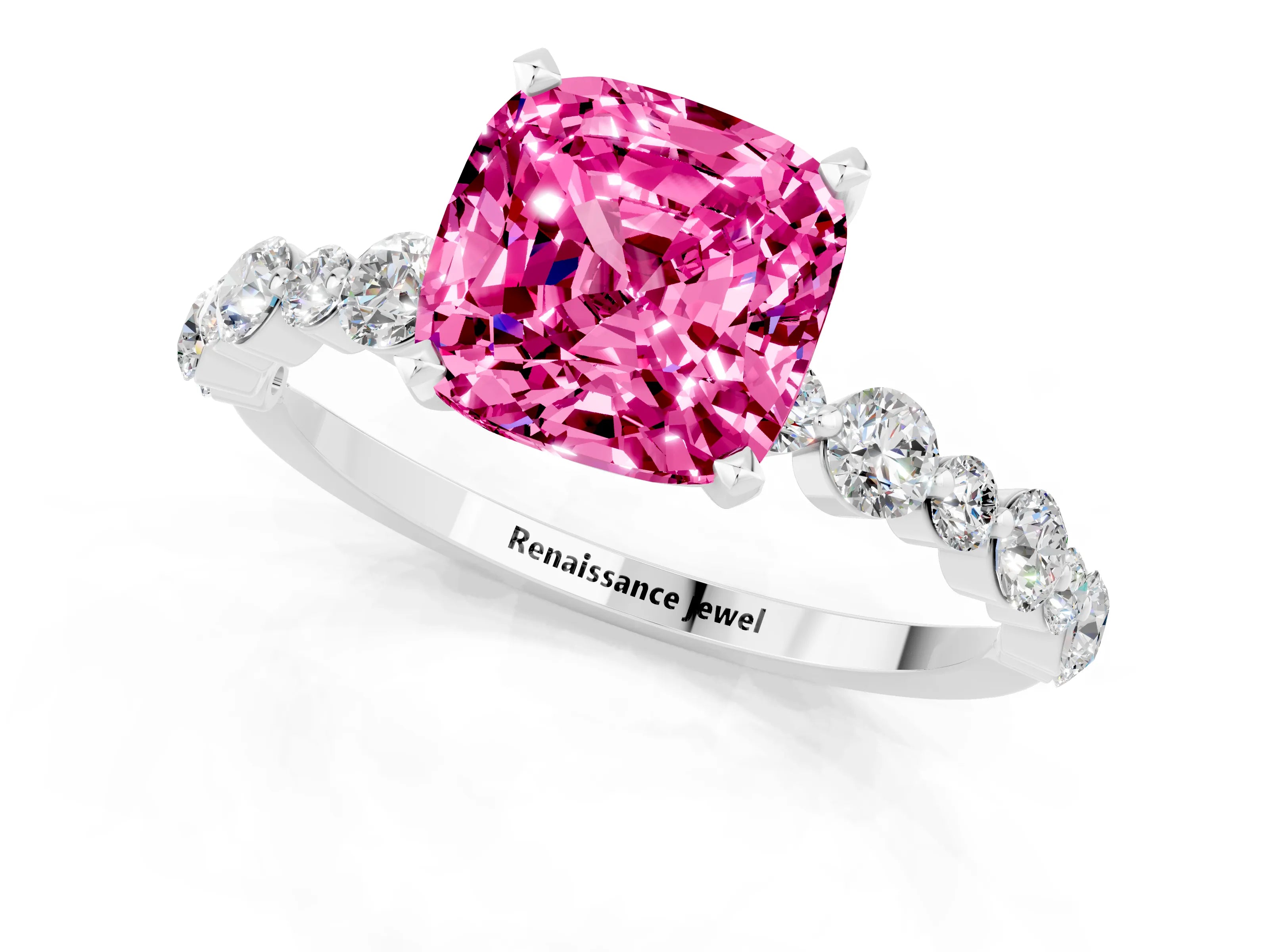 White gold Cushion Cut Pink Sapphire Prong Set Engagement Ring with Pavé Band_13