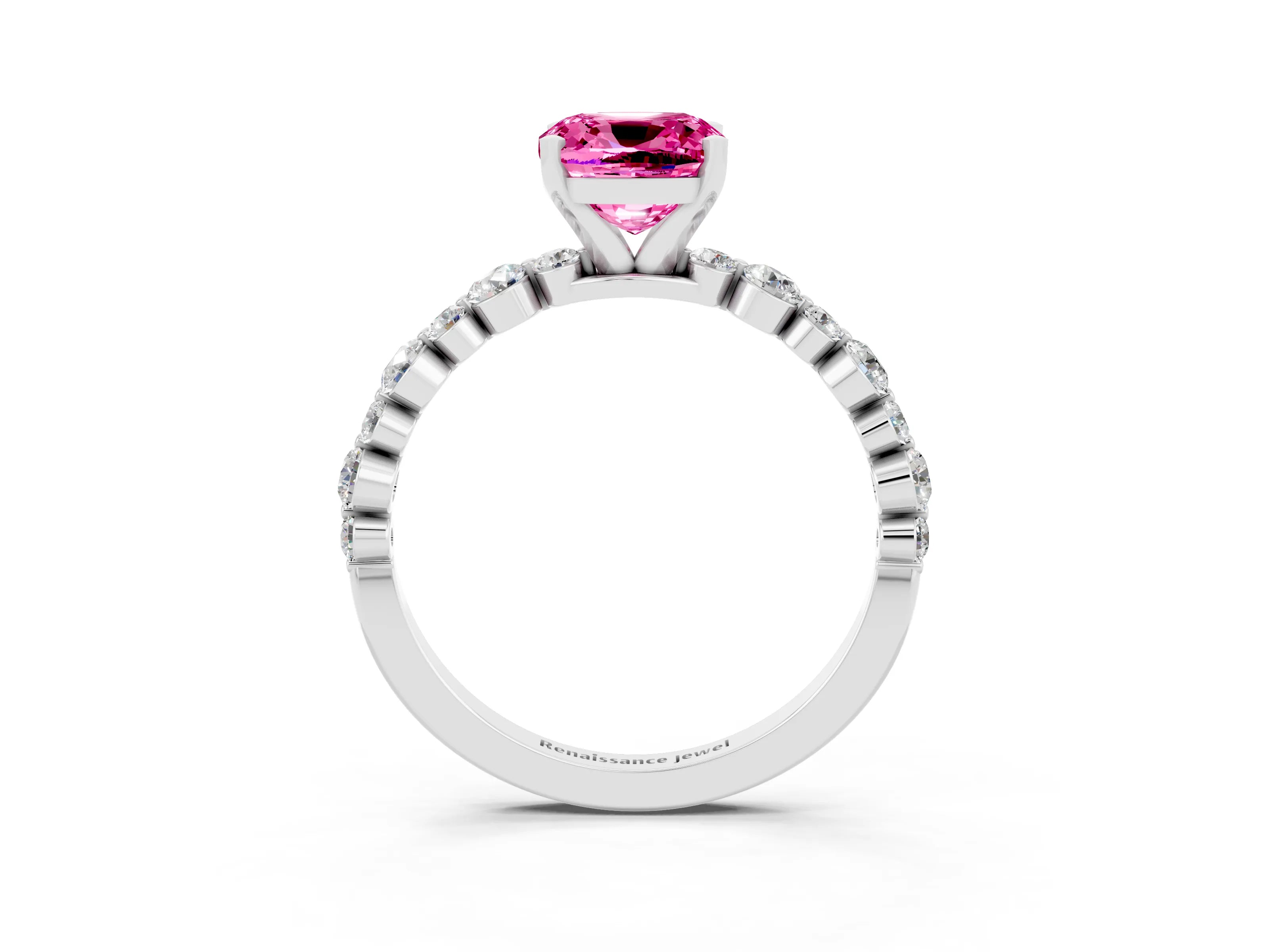 White gold Cushion Cut Pink Sapphire Prong Set Engagement Ring with Pavé Band_15
