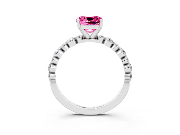 Silver Cushion Cut Pink Sapphire Prong Set Engagement Ring with Pavé Band