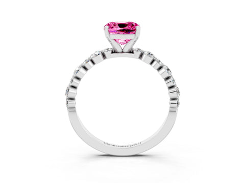 White gold Cushion Cut Pink Sapphire Prong Set Engagement Ring with Pavé Band_15