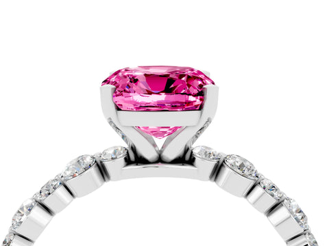 White gold Cushion Cut Pink Sapphire Prong Set Engagement Ring with Pavé Band_16