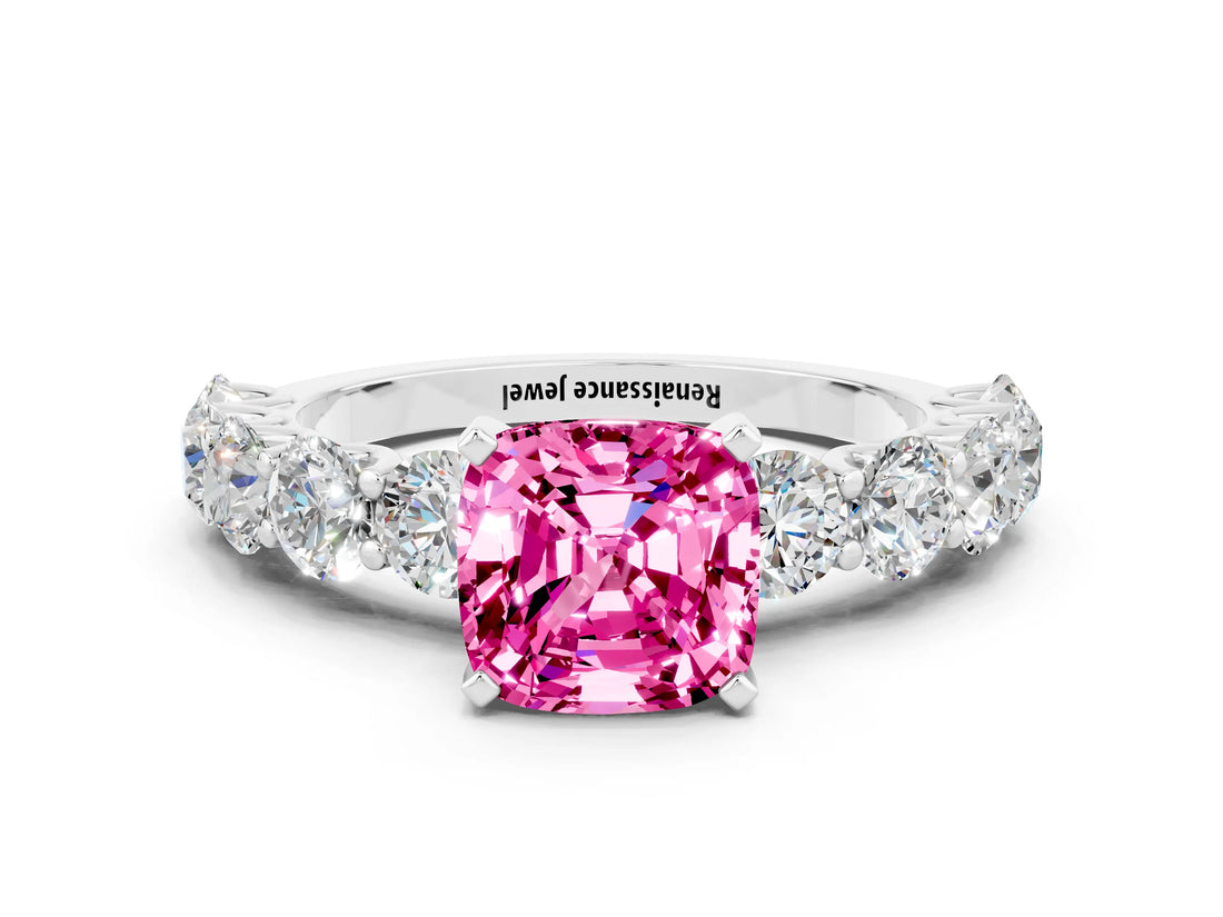 White gold Cushion Cut Pink Sapphire Prong Setting with Side Stones on a Pave Band_24
