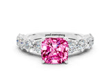 White gold Cushion Cut Pink Sapphire Prong Setting with Side Stones on a Pave Band_24
