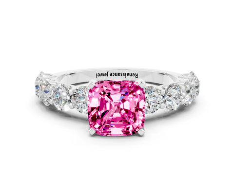 White gold Cushion Cut Pink Sapphire Prong Setting with Side Stones on a Pave Band_24