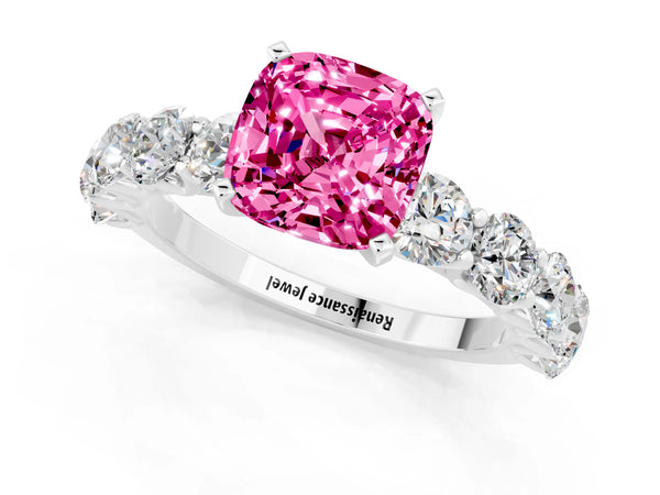 Silver Cushion Cut Pink Sapphire Prong Setting with Side Stones on a Pave Band