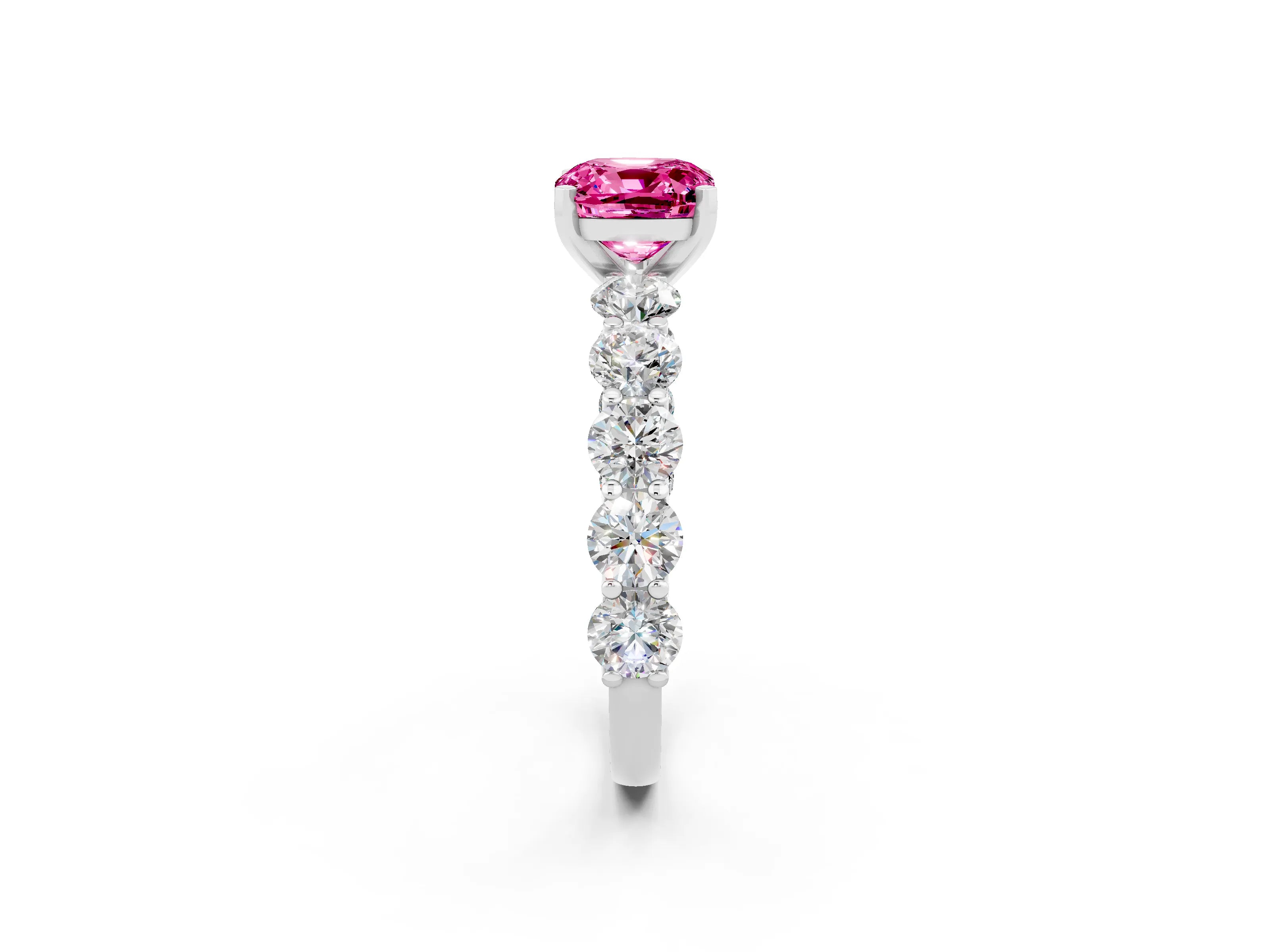 White gold Cushion Cut Pink Sapphire Prong Setting with Side Stones on a Pave Band_26