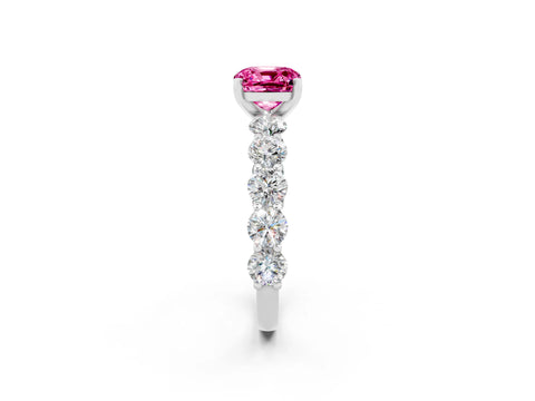 White gold Cushion Cut Pink Sapphire Prong Setting with Side Stones on a Pave Band_26