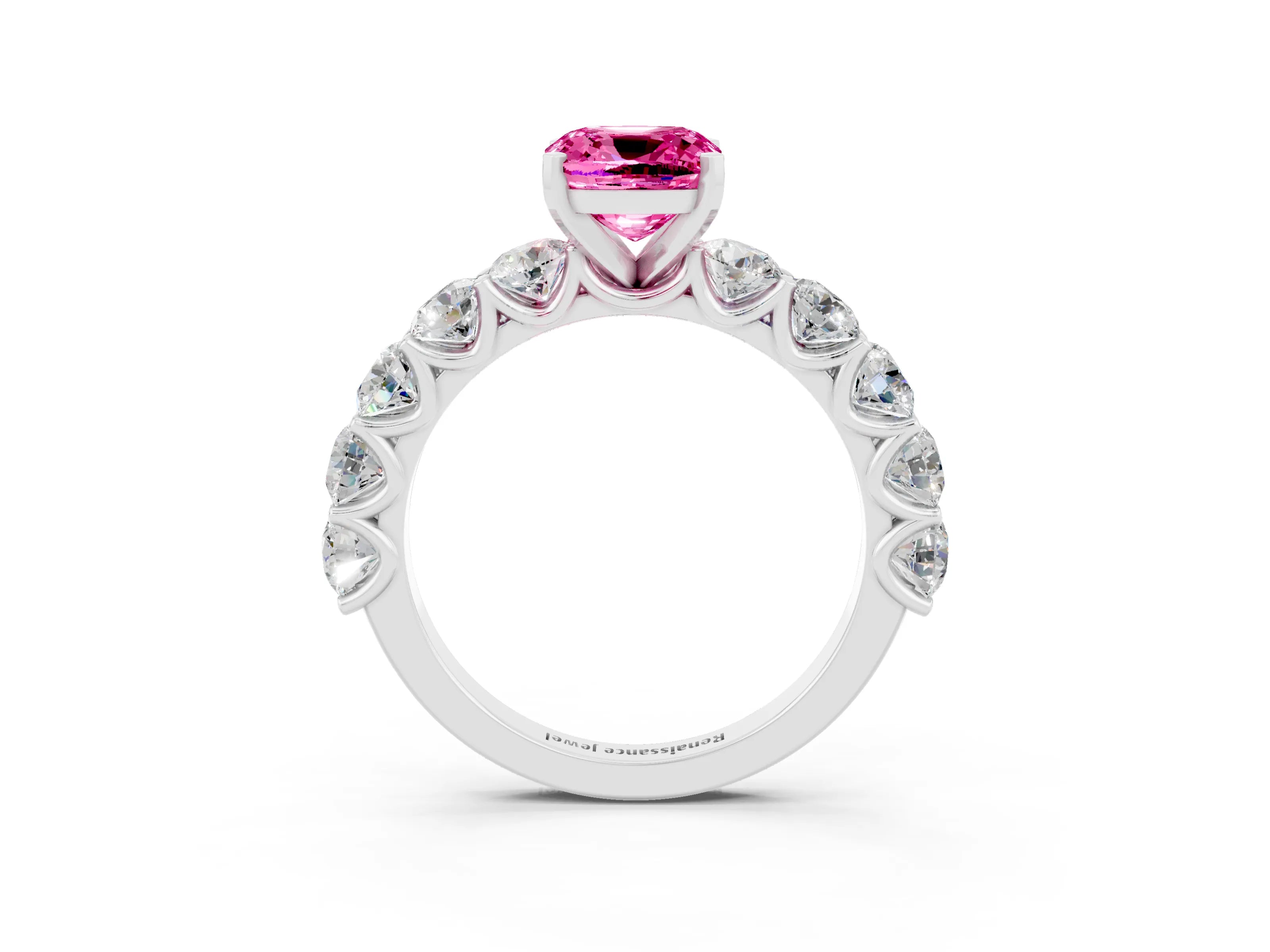 White gold Cushion Cut Pink Sapphire Prong Setting with Side Stones on a Pave Band_27