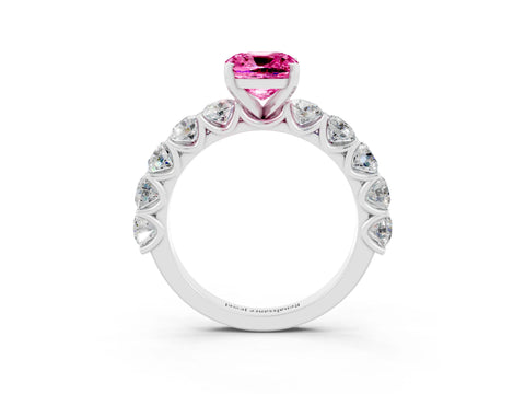 White gold Cushion Cut Pink Sapphire Prong Setting with Side Stones on a Pave Band_27