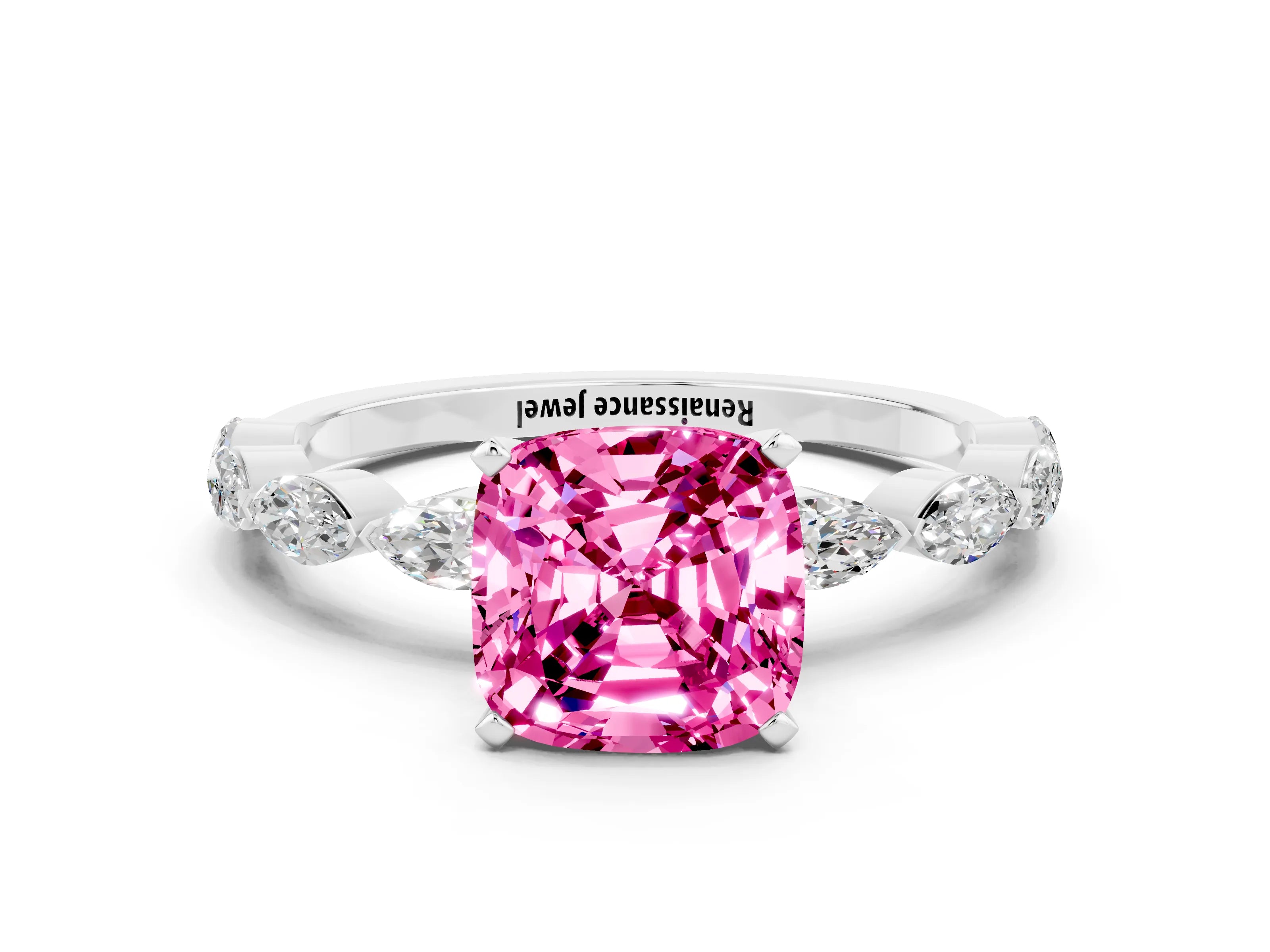 White gold Cushion Cut Pink Sapphire Ring with Marquise Side Stones and Prong Setting_12