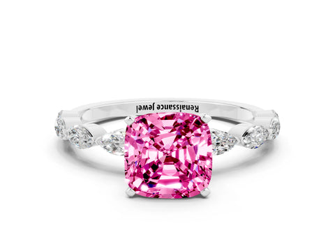 White gold Cushion Cut Pink Sapphire Ring with Marquise Side Stones and Prong Setting_12