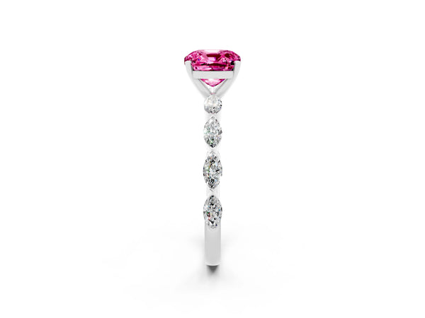 Platinum Cushion Cut Pink Sapphire Ring with Marquise Side Stones and Prong Setting