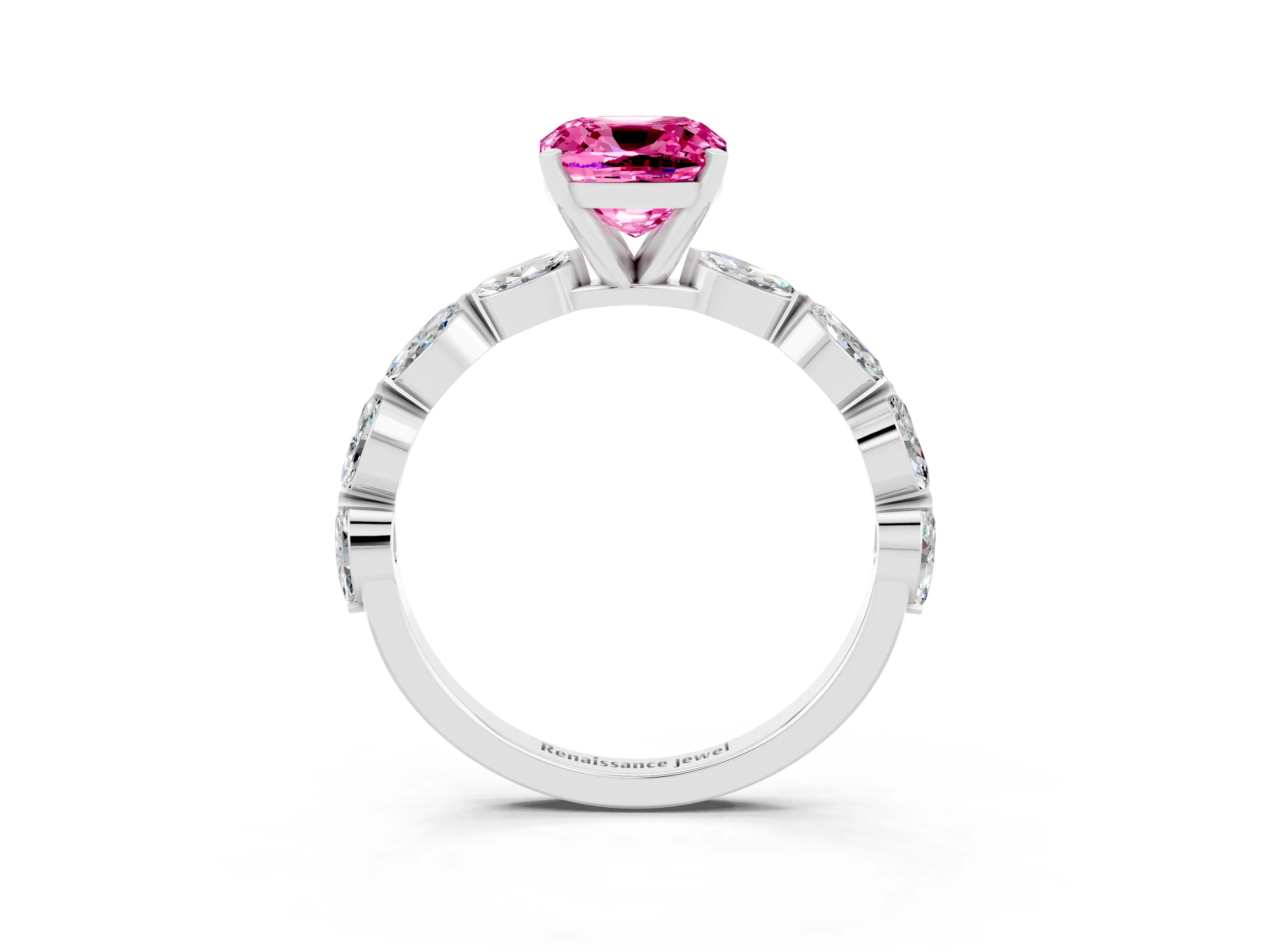 White gold Cushion Cut Pink Sapphire Ring with Marquise Side Stones and Prong Setting_15