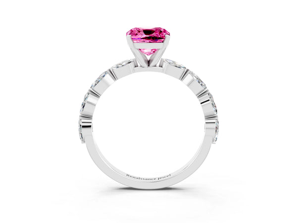 Silver Cushion Cut Pink Sapphire Ring with Marquise Side Stones and Prong Setting