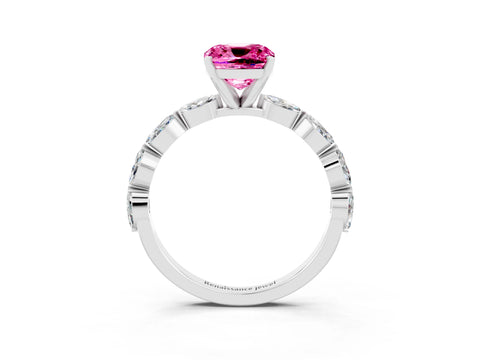 White gold Cushion Cut Pink Sapphire Ring with Marquise Side Stones and Prong Setting_15