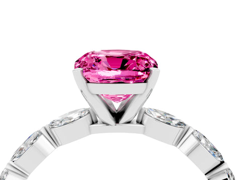 White gold Cushion Cut Pink Sapphire Ring with Marquise Side Stones and Prong Setting_16