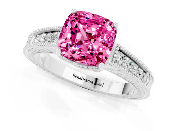 Platinum Cushion Cut Pink Sapphire Ring with Milgrain Pavé Band and Four-Prong Setting