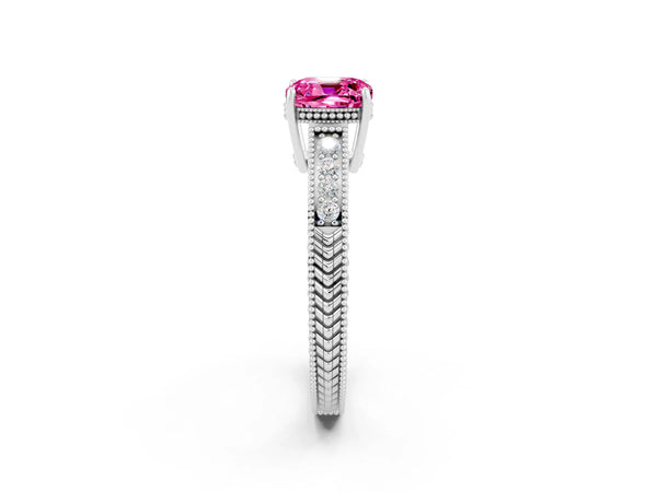 Silver Cushion Cut Pink Sapphire Ring with Milgrain Pavé Band and Four-Prong Setting