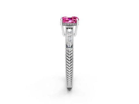 White gold Cushion Cut Pink Sapphire Ring with Milgrain Pavé Band and Four-Prong Setting_38