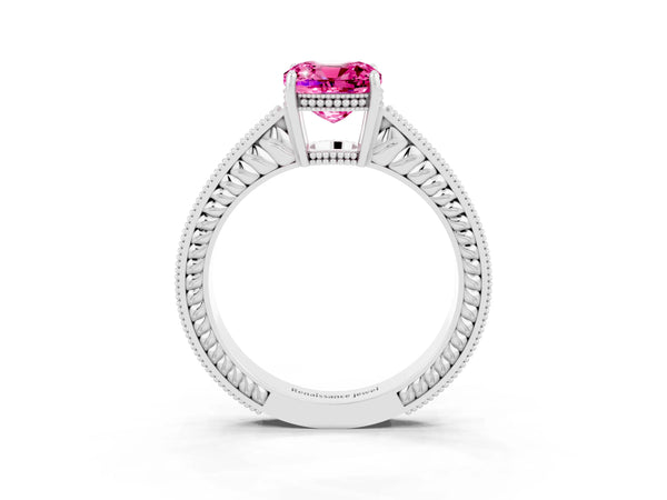 Platinum Cushion Cut Pink Sapphire Ring with Milgrain Pavé Band and Four-Prong Setting