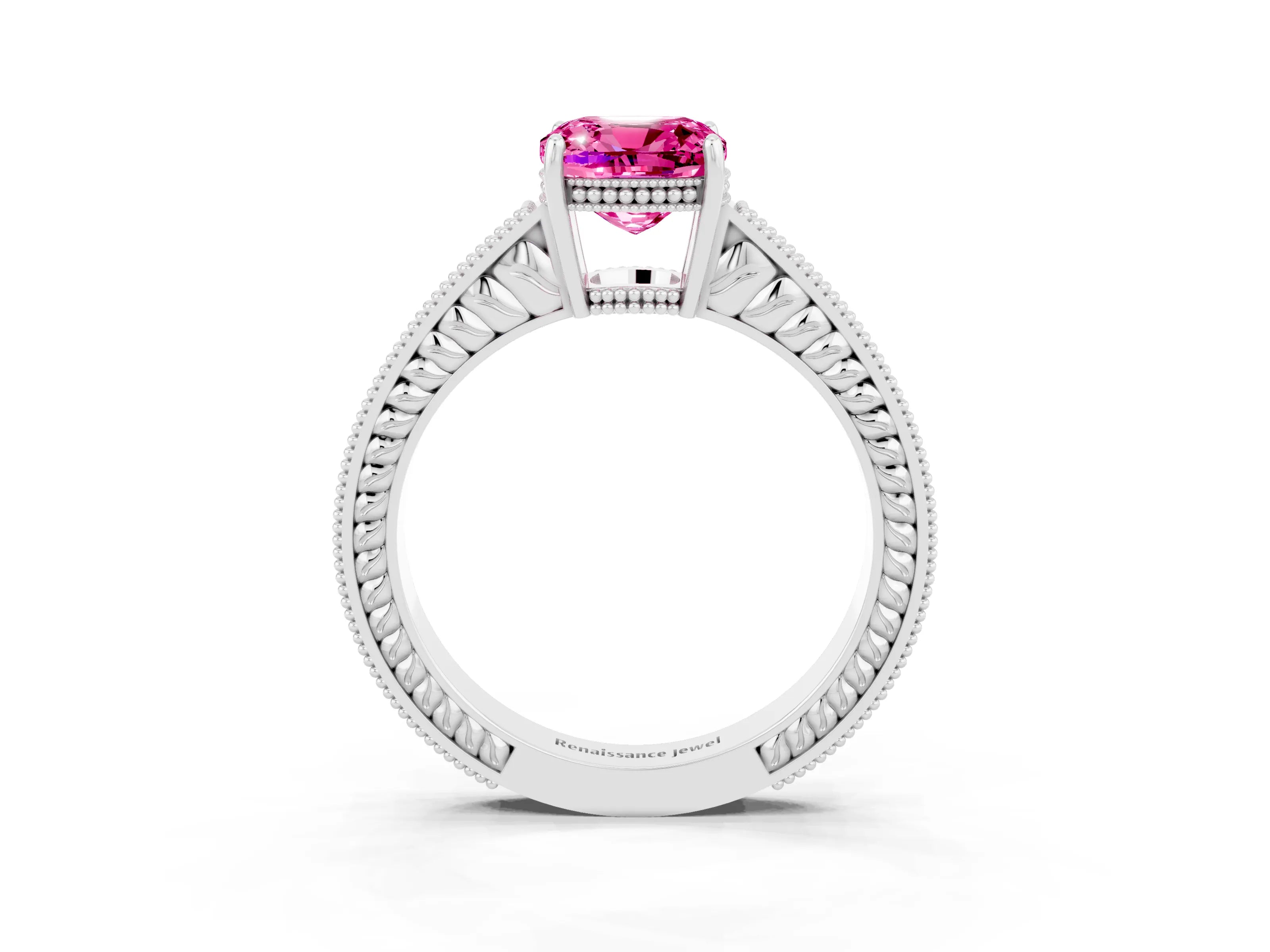 White gold Cushion Cut Pink Sapphire Ring with Milgrain Pavé Band and Four-Prong Setting_39