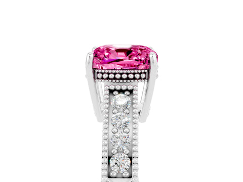 White gold Cushion Cut Pink Sapphire Ring with Milgrain Pavé Band and Four-Prong Setting_41