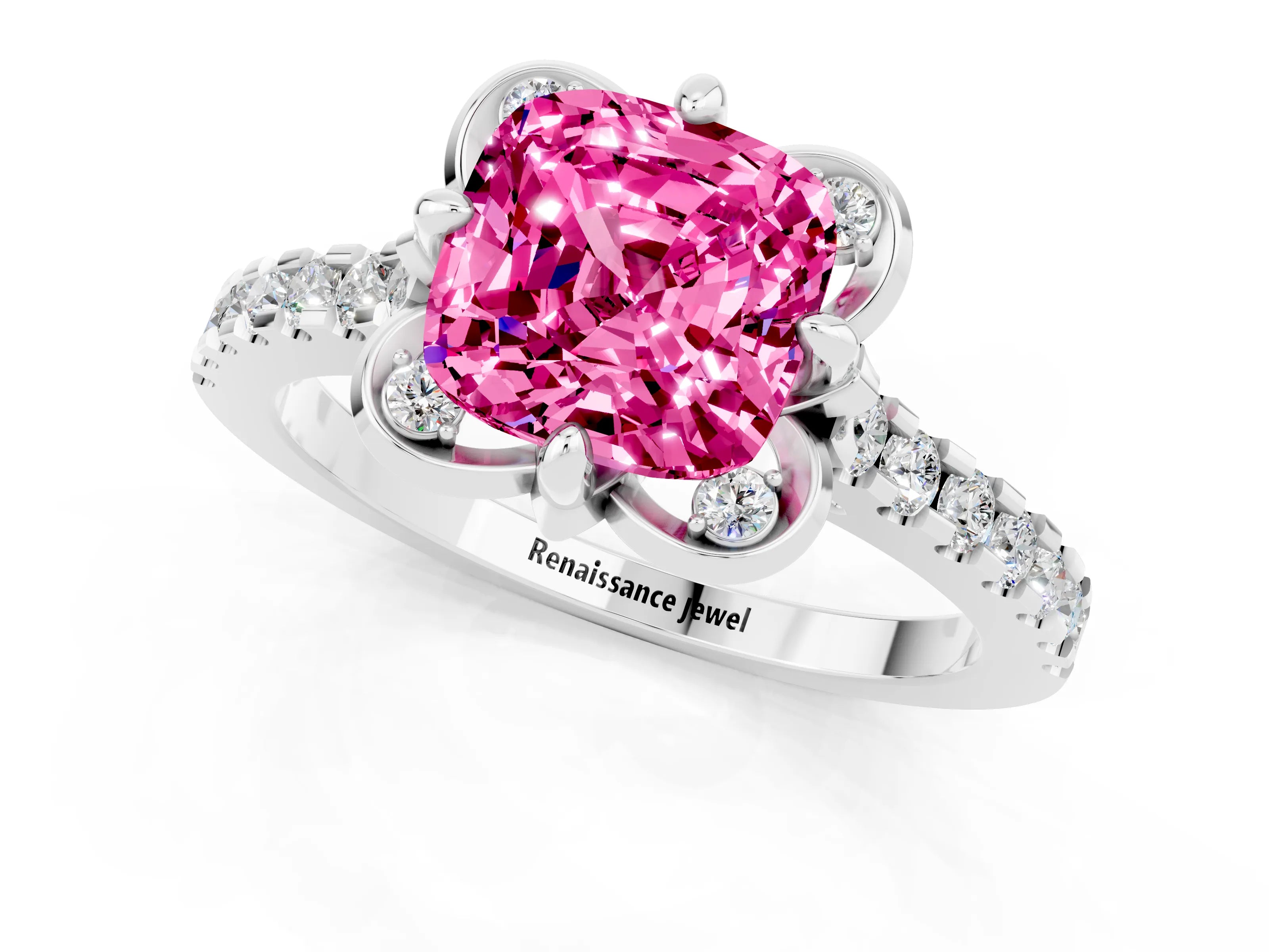 White gold Cushion Cut Pink Sapphire Ring with Pavé Band and Floral Prong Setting_1