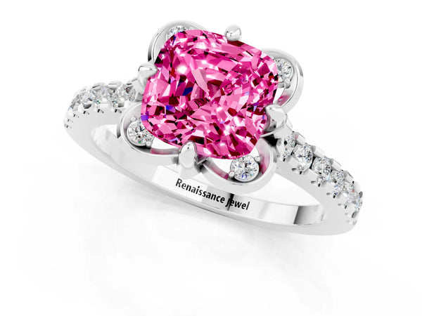 Silver Cushion Cut Pink Sapphire Ring with Pavé Band and Floral Prong Setting