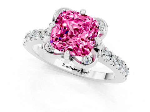 White gold Cushion Cut Pink Sapphire Ring with Pavé Band and Floral Prong Setting_1