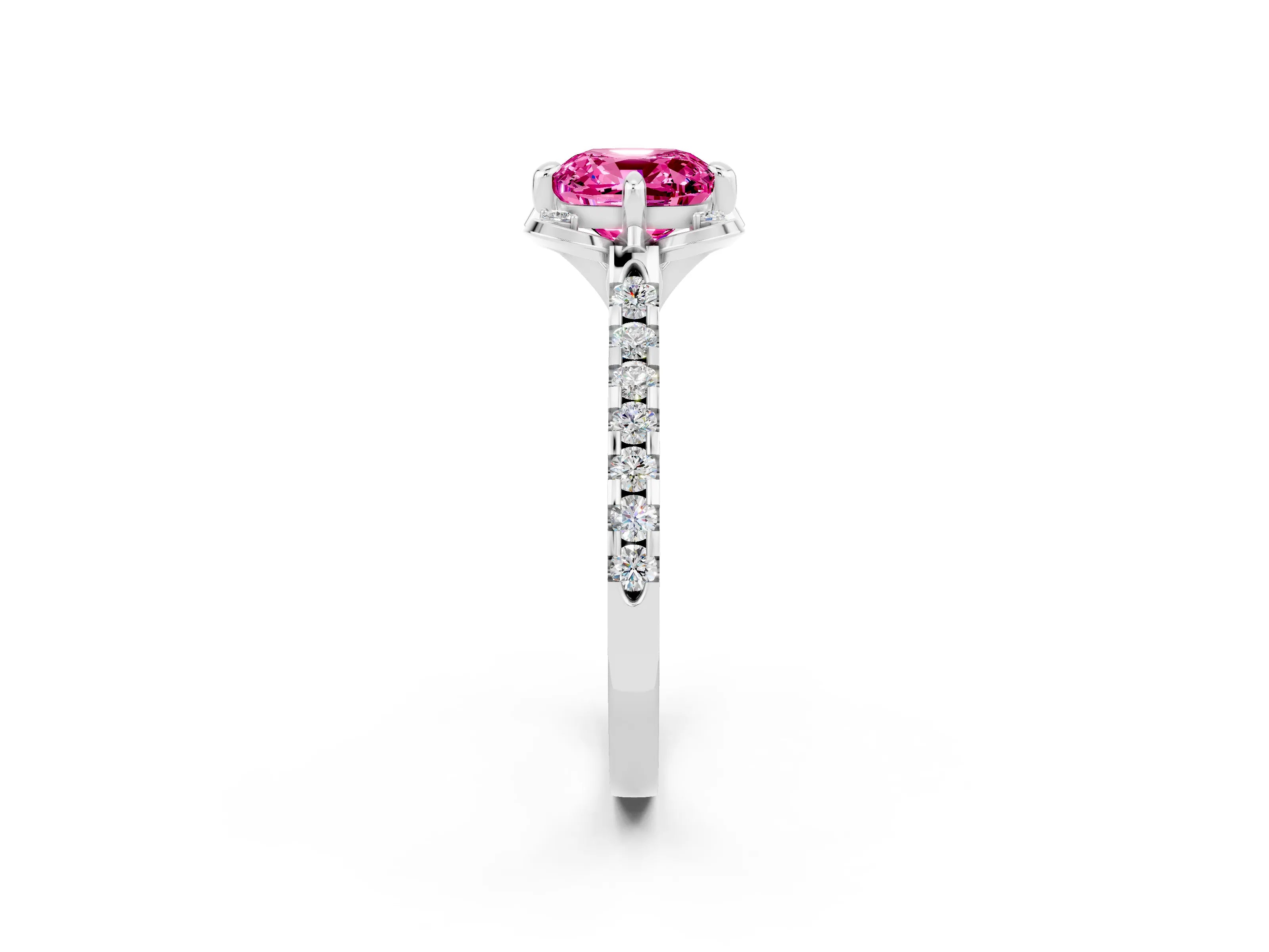 White gold Cushion Cut Pink Sapphire Ring with Pavé Band and Floral Prong Setting_2