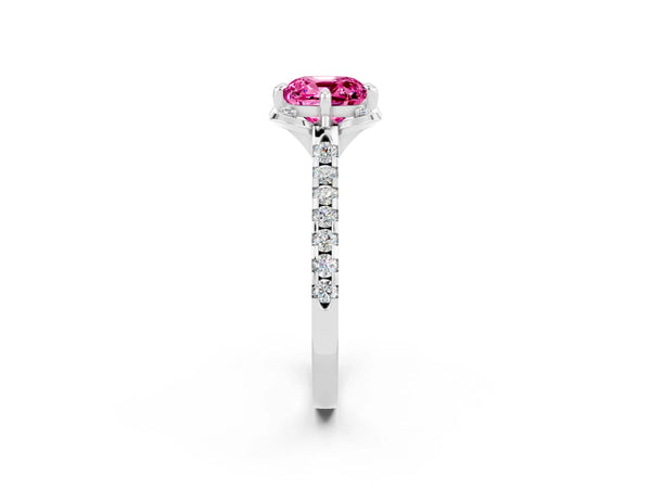 White gold Cushion Cut Pink Sapphire Ring with Pavé Band and Floral Prong Setting
