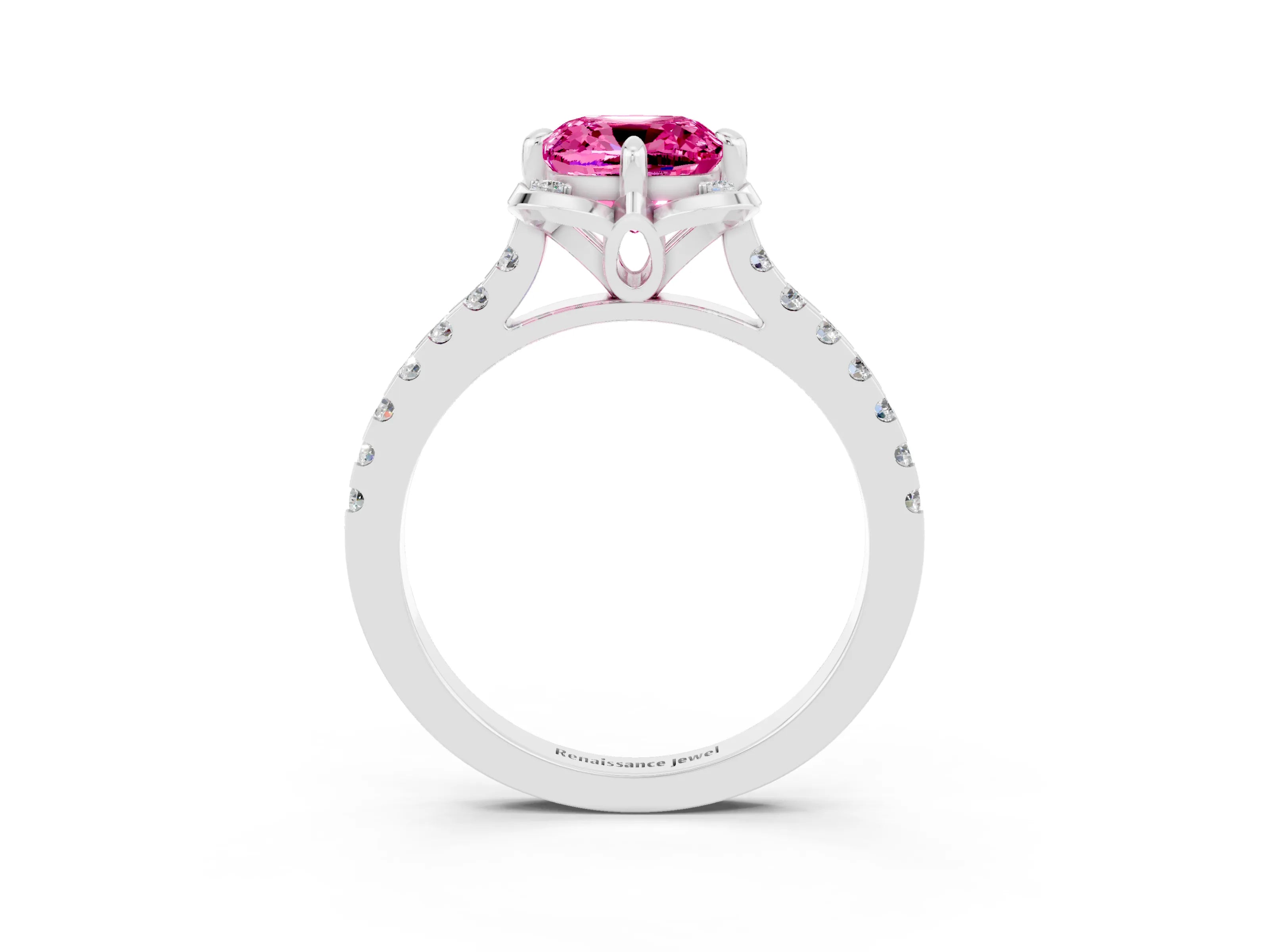 White gold Cushion Cut Pink Sapphire Ring with Pavé Band and Floral Prong Setting_3