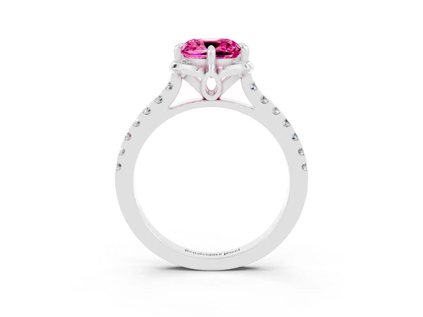 Silver Cushion Cut Pink Sapphire Ring with Pavé Band and Floral Prong Setting