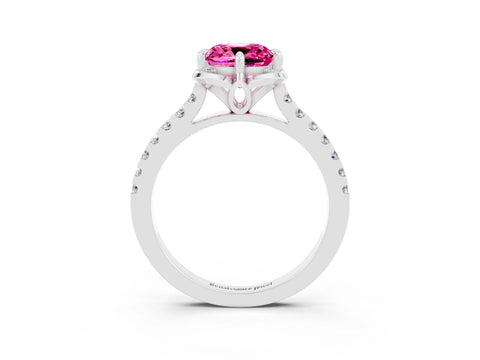 White gold Cushion Cut Pink Sapphire Ring with Pavé Band and Floral Prong Setting_3