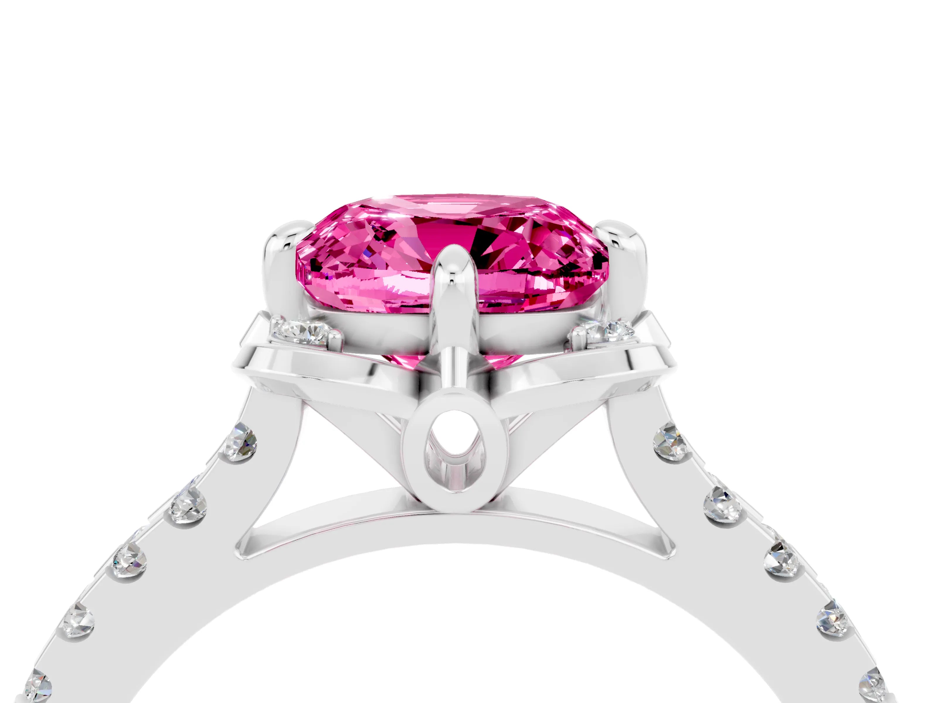 White gold Cushion Cut Pink Sapphire Ring with Pavé Band and Floral Prong Setting_4