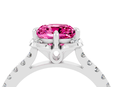 White gold Cushion Cut Pink Sapphire Ring with Pavé Band and Floral Prong Setting_4