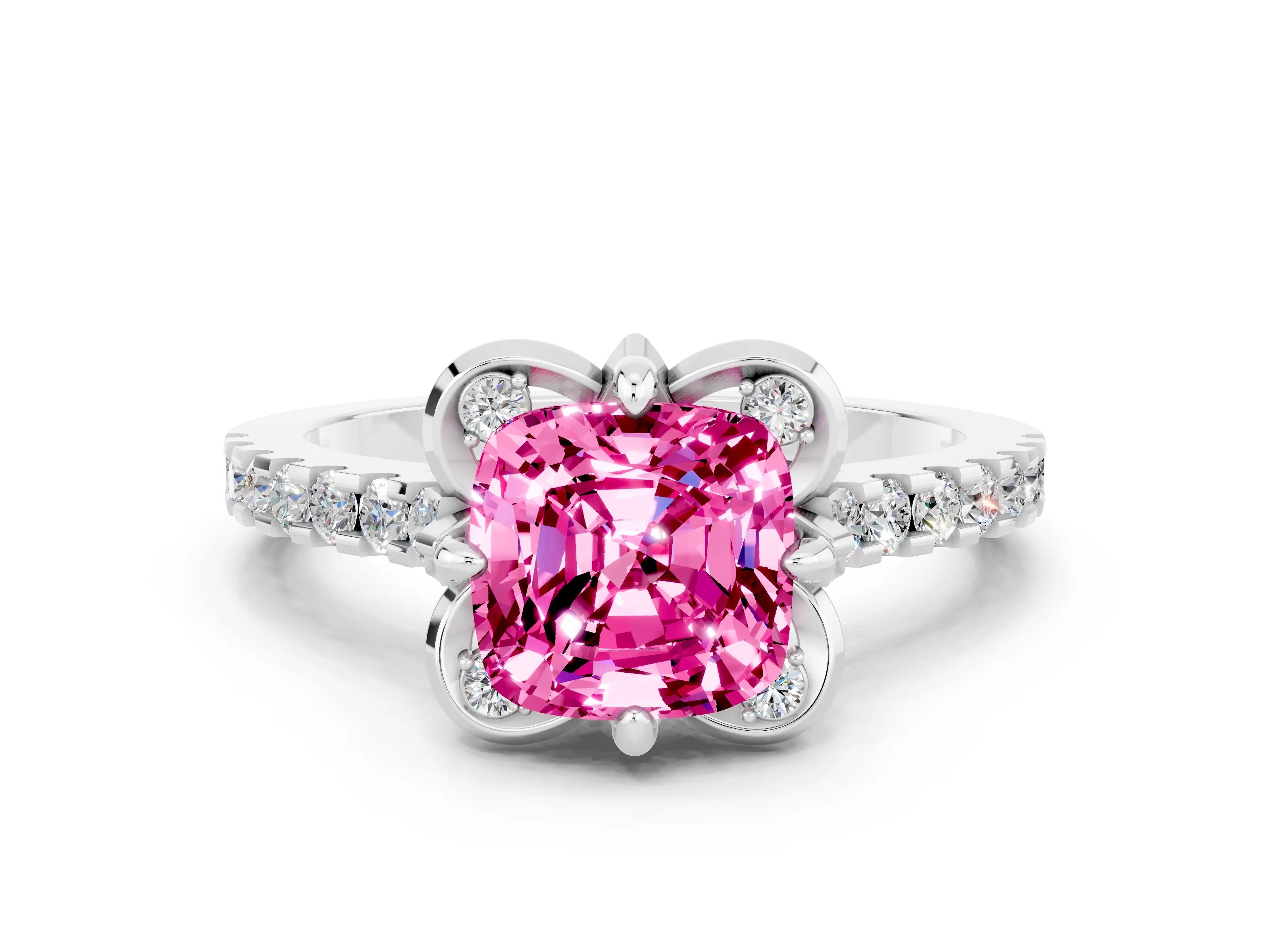 White gold Cushion Cut Pink Sapphire Ring with Pavé Band and Floral Prong Setting