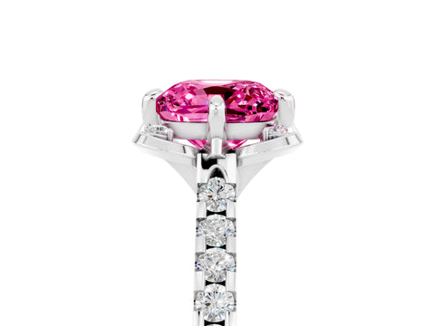 White gold Cushion Cut Pink Sapphire Ring with Pavé Band and Floral Prong Setting_5