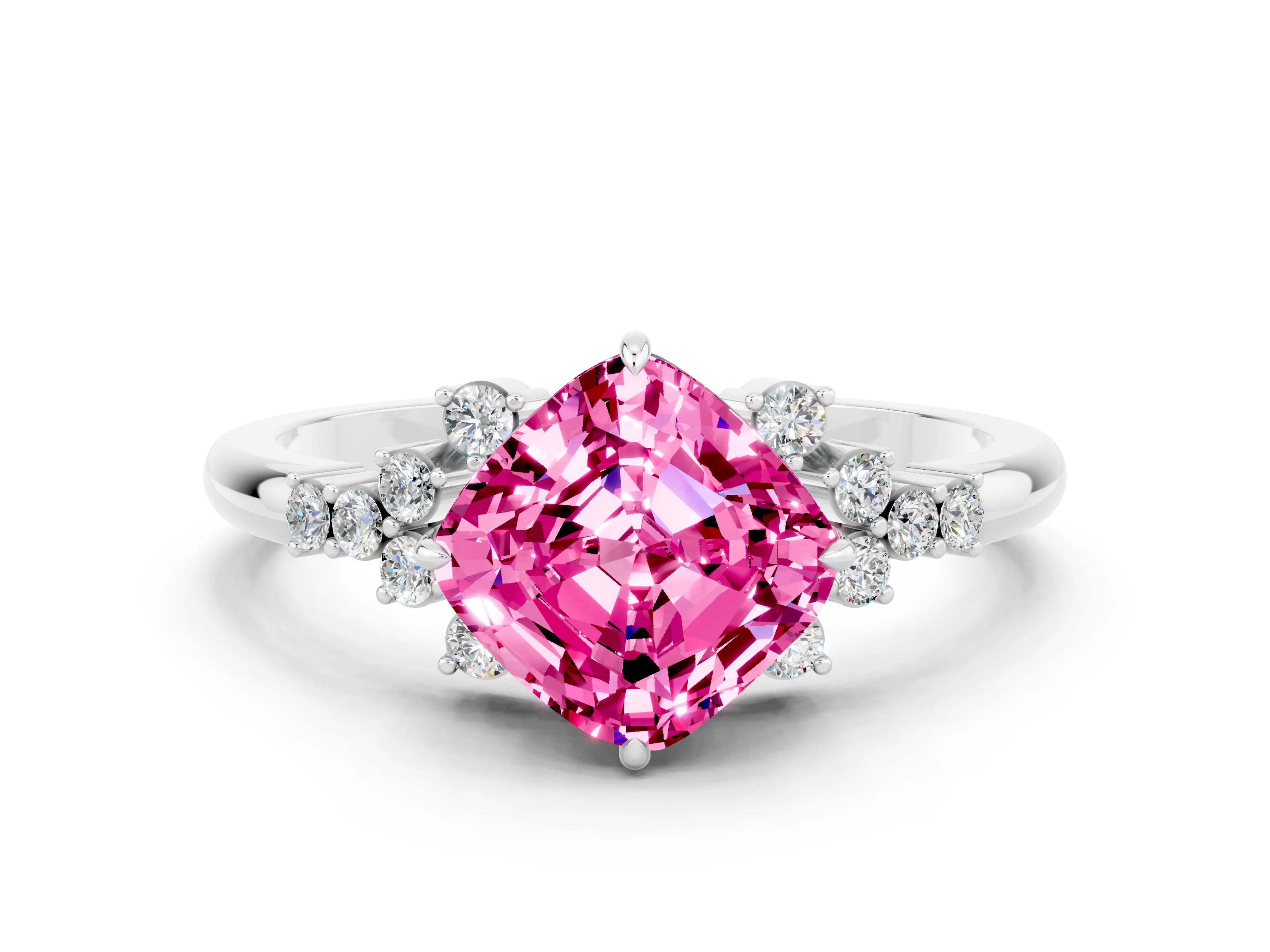 White gold Cushion Cut Pink Sapphire Ring with Side Stones and Four-Prong Setting_60