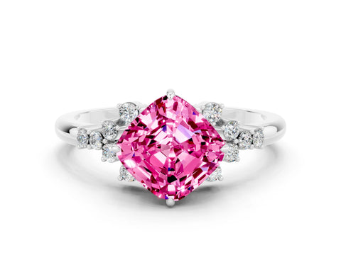 White gold Cushion Cut Pink Sapphire Ring with Side Stones and Four-Prong Setting_60