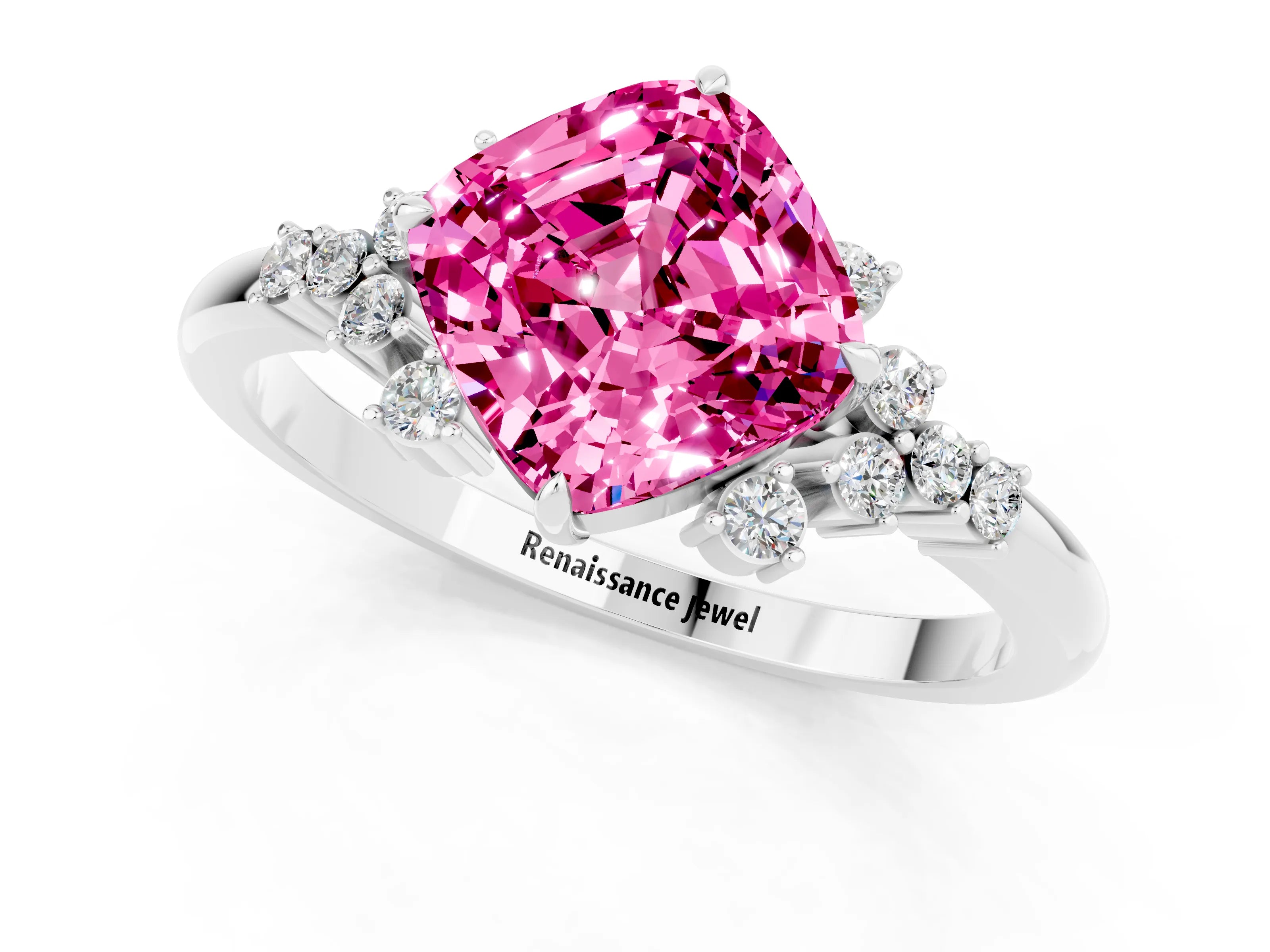 White gold Cushion Cut Pink Sapphire Ring with Side Stones and Four-Prong Setting_61