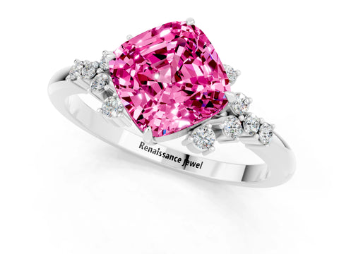 White gold Cushion Cut Pink Sapphire Ring with Side Stones and Four-Prong Setting_61