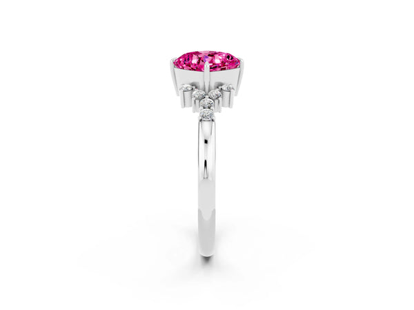 White gold Cushion Cut Pink Sapphire Ring with Side Stones and Four-Prong Setting