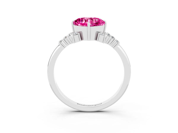 White gold Cushion Cut Pink Sapphire Ring with Side Stones and Four-Prong Setting