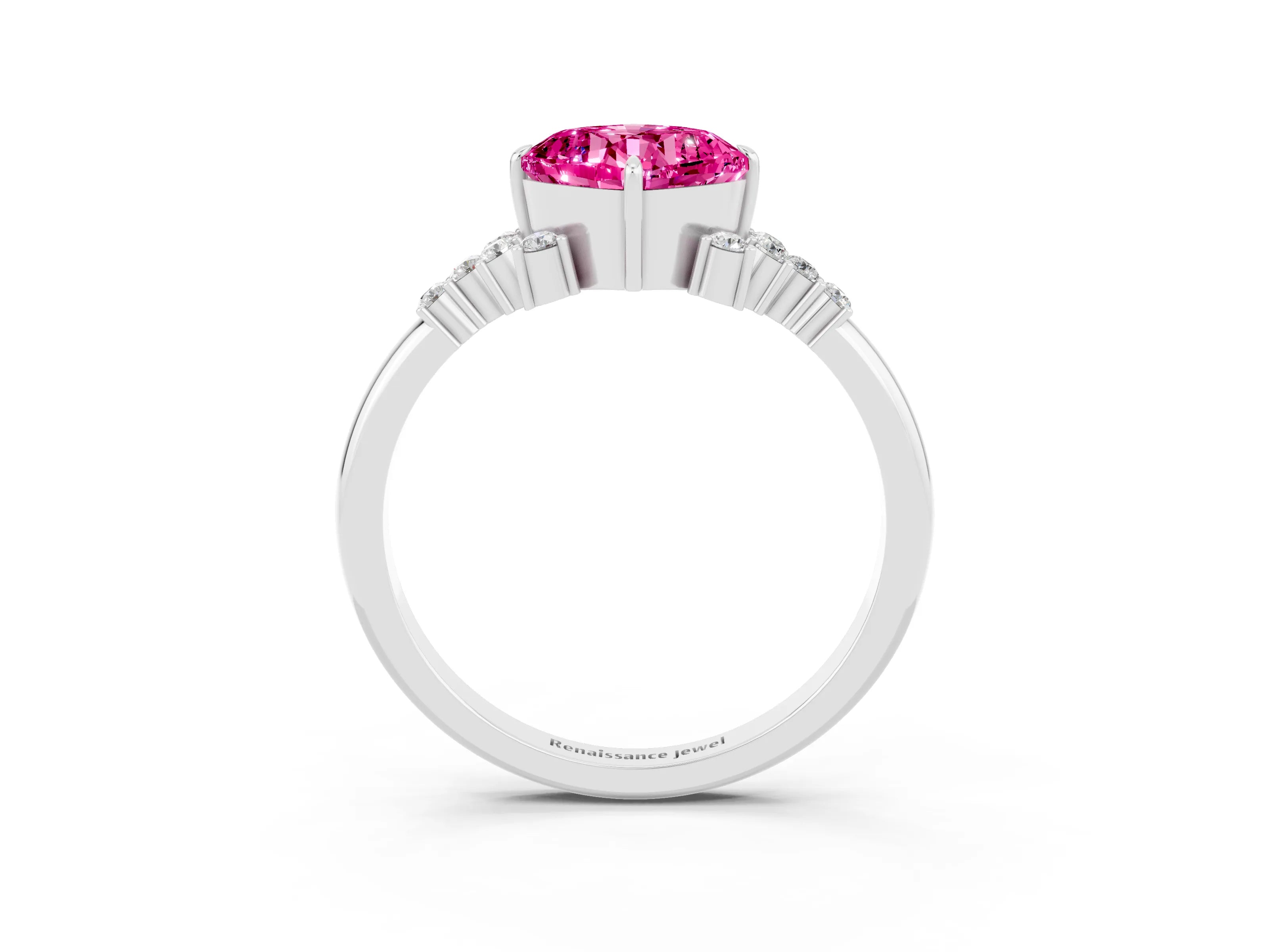 White gold Cushion Cut Pink Sapphire Ring with Side Stones and Four-Prong Setting_63
