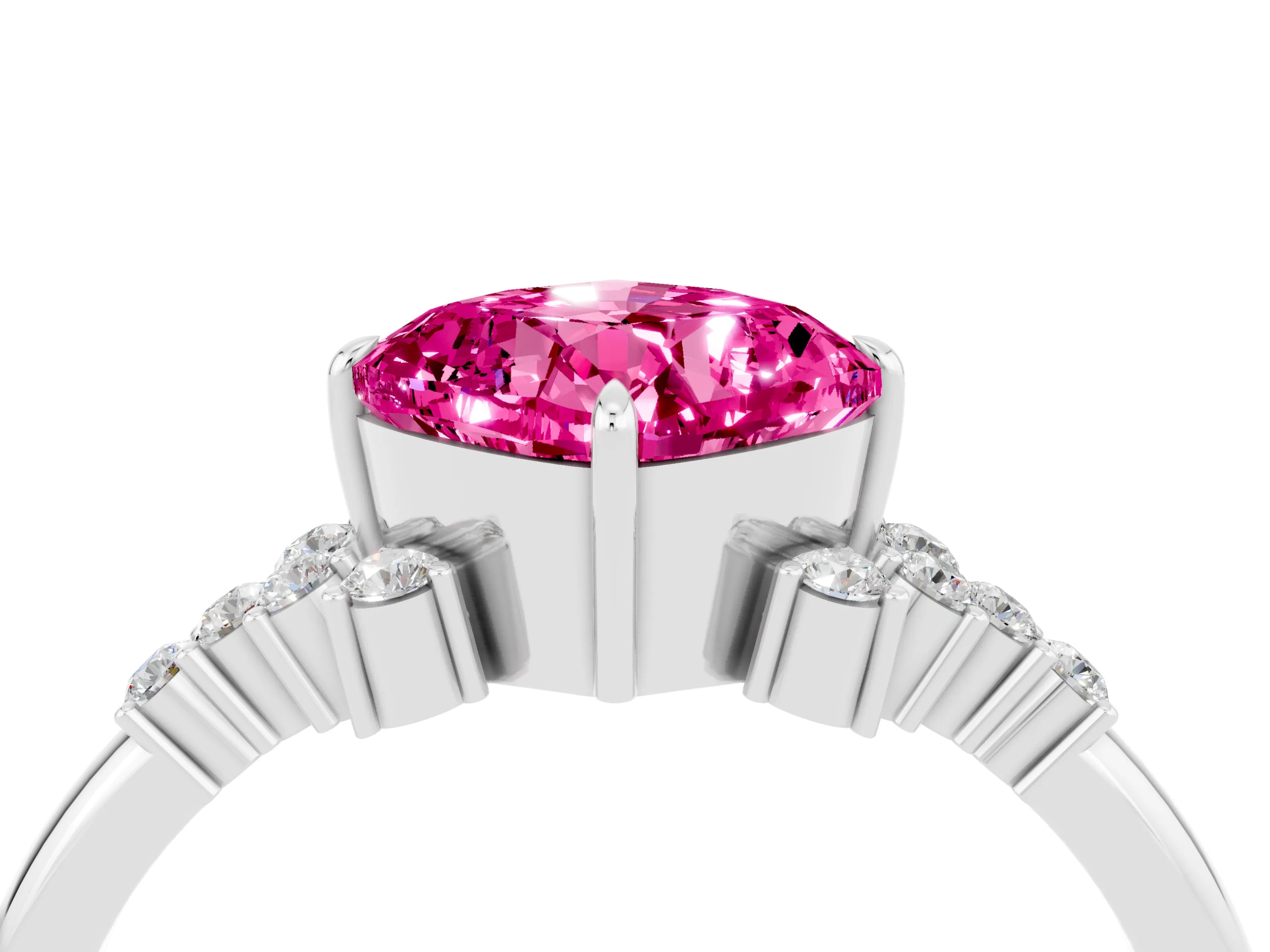 White gold Cushion Cut Pink Sapphire Ring with Side Stones and Four-Prong Setting_64